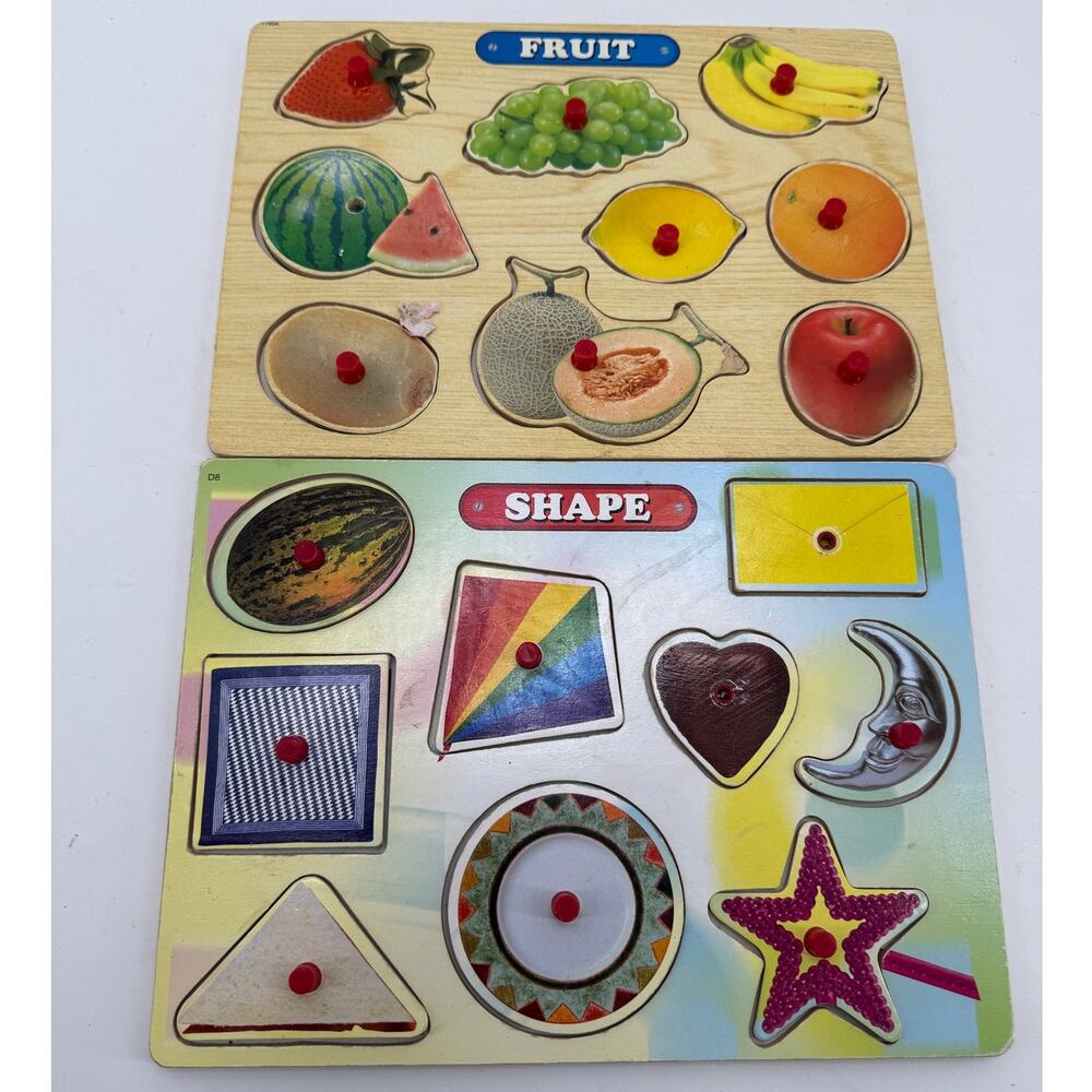 Vintage Wooden Peg Puzzle Boards Fruit Shapes Educational Toddler Toy Set Of 2